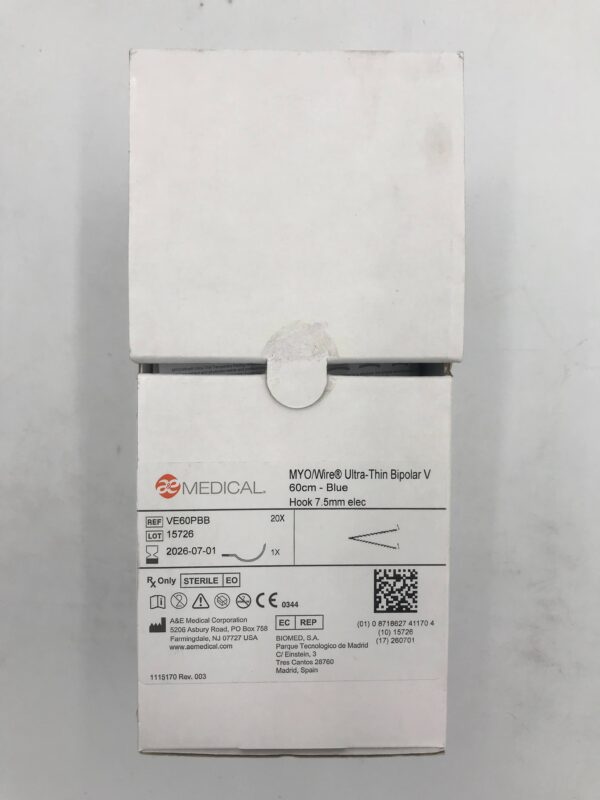 A&E MEDICAL VE60PBB MYO/Wire Ultra-Thin Bipolar V, Blue, Hook 60cm x 7.5mm (20/Box)