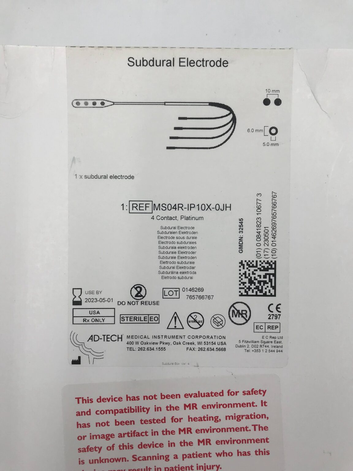 AD-TECH MS04R-IP10X-0JH Subdural Electrode, Platinum (4Contacts