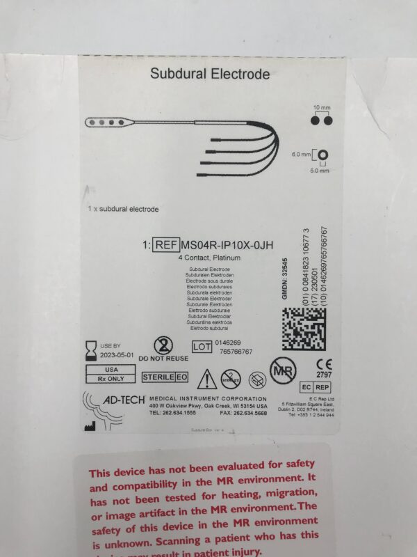 AD-TECH MS04R-IP10X-0JH Subdural Electrode, Platinum (4Contacts) 10mm x 6mm x 5mm(X)