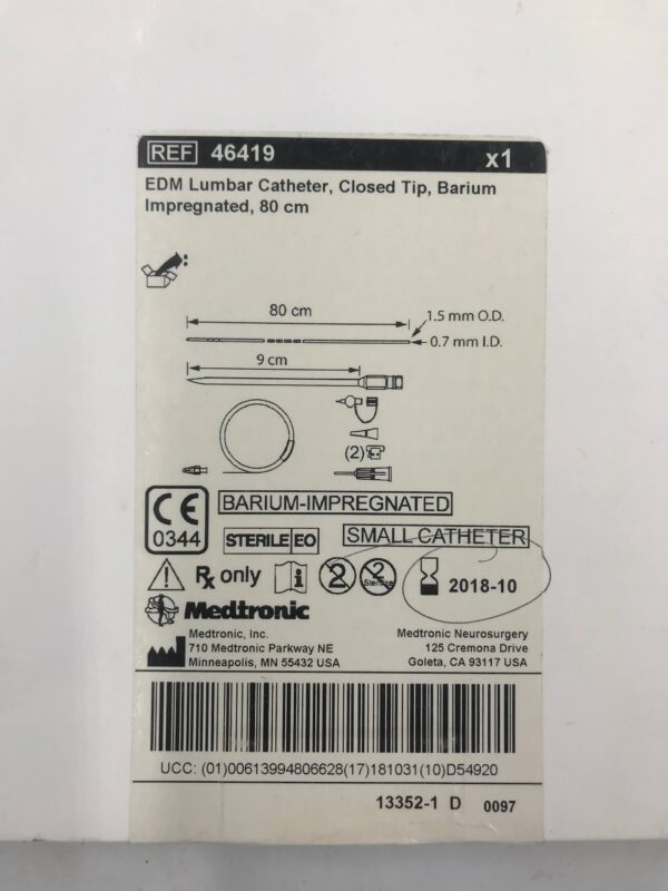 MEDTRONIC 46419 EDM Lumbar Catheter, Closed Tip, Barium Impregnated 80cm (X)