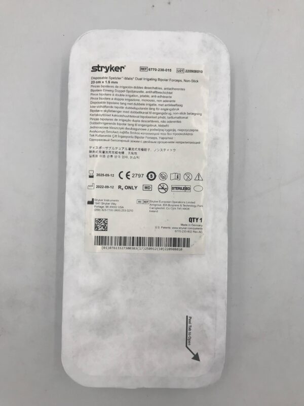 STRYKER 6770-230-015 Spetzler -Malis Dual Irrigating Bipolar Forceps, Non-Stick 23cm x 1.5mm