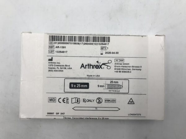 ARTHREX AR-1391 Screw Cannulated Interference 9 x 25mm