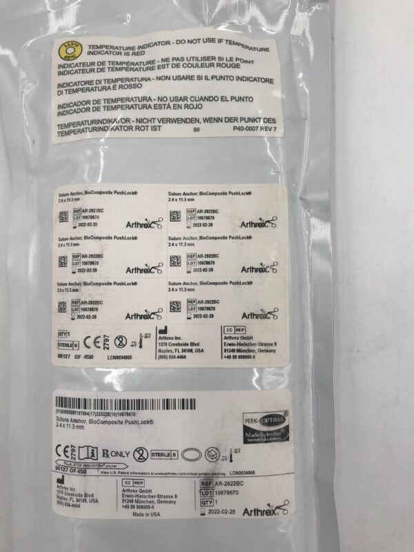 ARTHREX AR-2922BC Suture Anchor BioComposite PushLock 2.4 x 11.3mm (X)