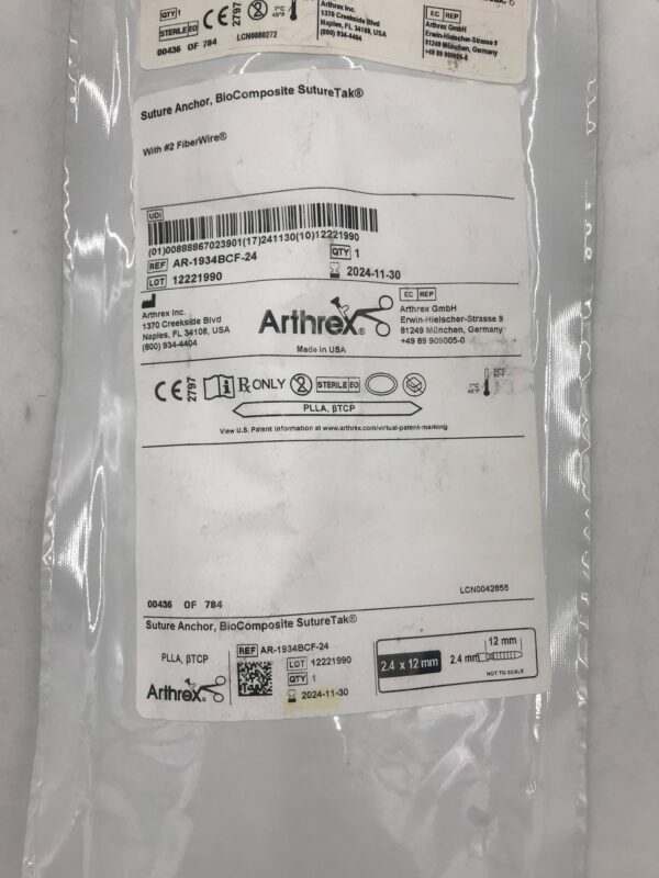 ARTHREX AR-1934BCF-24 Suture Anchors, BioComposite SutureTak 2.4x12mm (X)