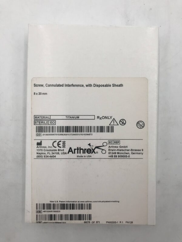 ARTHREX AR-1380E Screw, Cannulated Interference w/ Disposable Sheath 8x20mm (X)