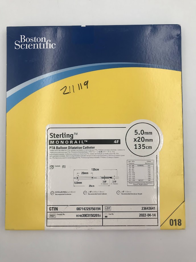 BOSTON SCIENTIFIC 3903150201 Sterling Monorail PTA Balloon Dilatation Catheter 4F, 5.0mm x 20mm, 135cm (X)