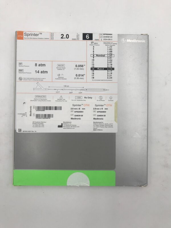 MEDTRONIC SPR2006W Sprinter OTW Semicompliant Balloon Dilatation Catheter 2.4F-3.2F x 2mm x 6mm(X)