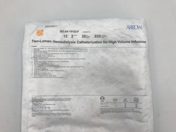 ARROW AK-15122-F Two-Lumen Hemodialysis Catheterization for High Volume Infusions 12F x 20cm x .035" (SD)
