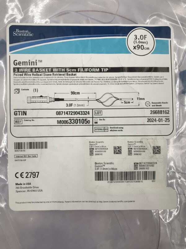 BOSTON SCIENTIFIC 330105 Gemini Paired Wire Helical Stone Retrieval 3 Wire Basket w/ 5cm Filiform Tip 3F x 90cm (X)