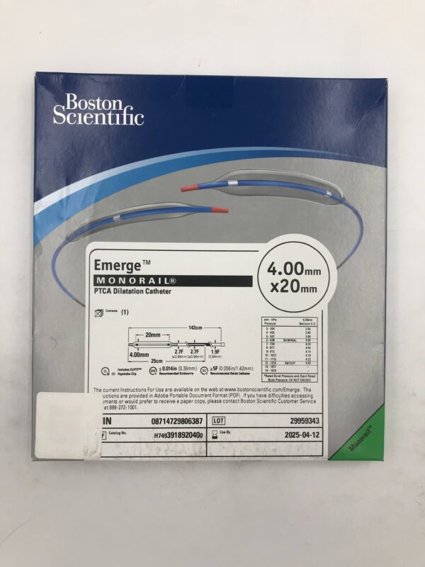 BOSTON SCIENTIFIC 391892040 Emerge Monorail PTCA Dilatation Catheter 1.9F-2.7F x 4mm x 20mm (X)