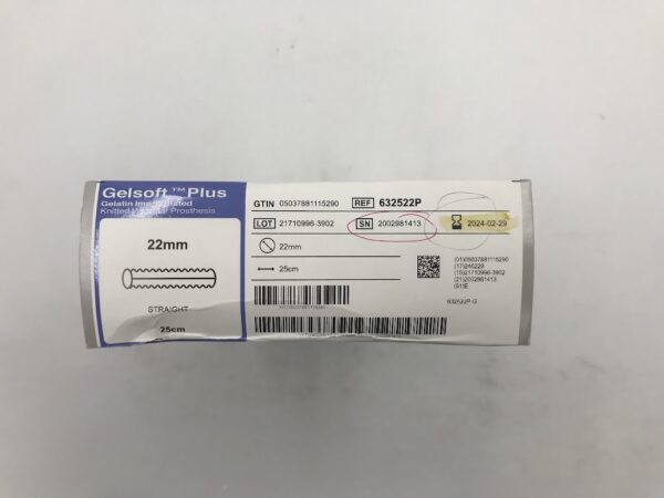 TERUMO 632522P Vascutek Gelsoft Plus Gelatin Impregnated Knitted Vascular Prosthesis 22mm Straight 25cm (X)