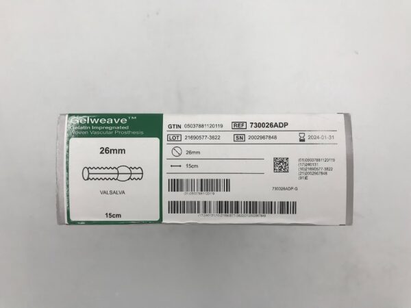 TERUMO 730026ADP Vascutek Gelweave Gelatin Impregnated Woven Vascular Prosthesis 26mm Valsalva 15cm (X)