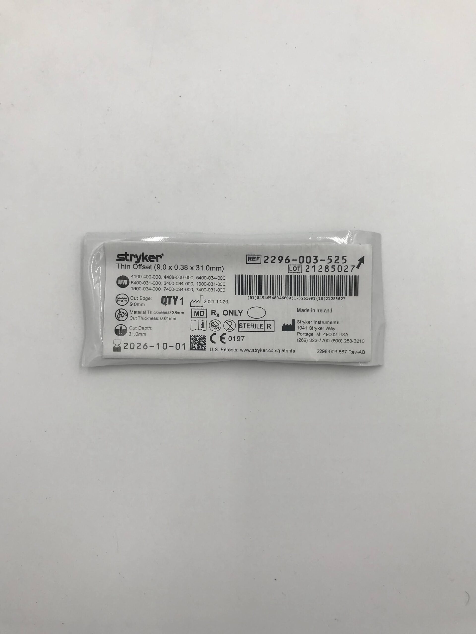 STRYKER 2296-003-525S2 Micro Sagittal Blade Offset (13.8 x 0.38 x 25.5mm)(X)