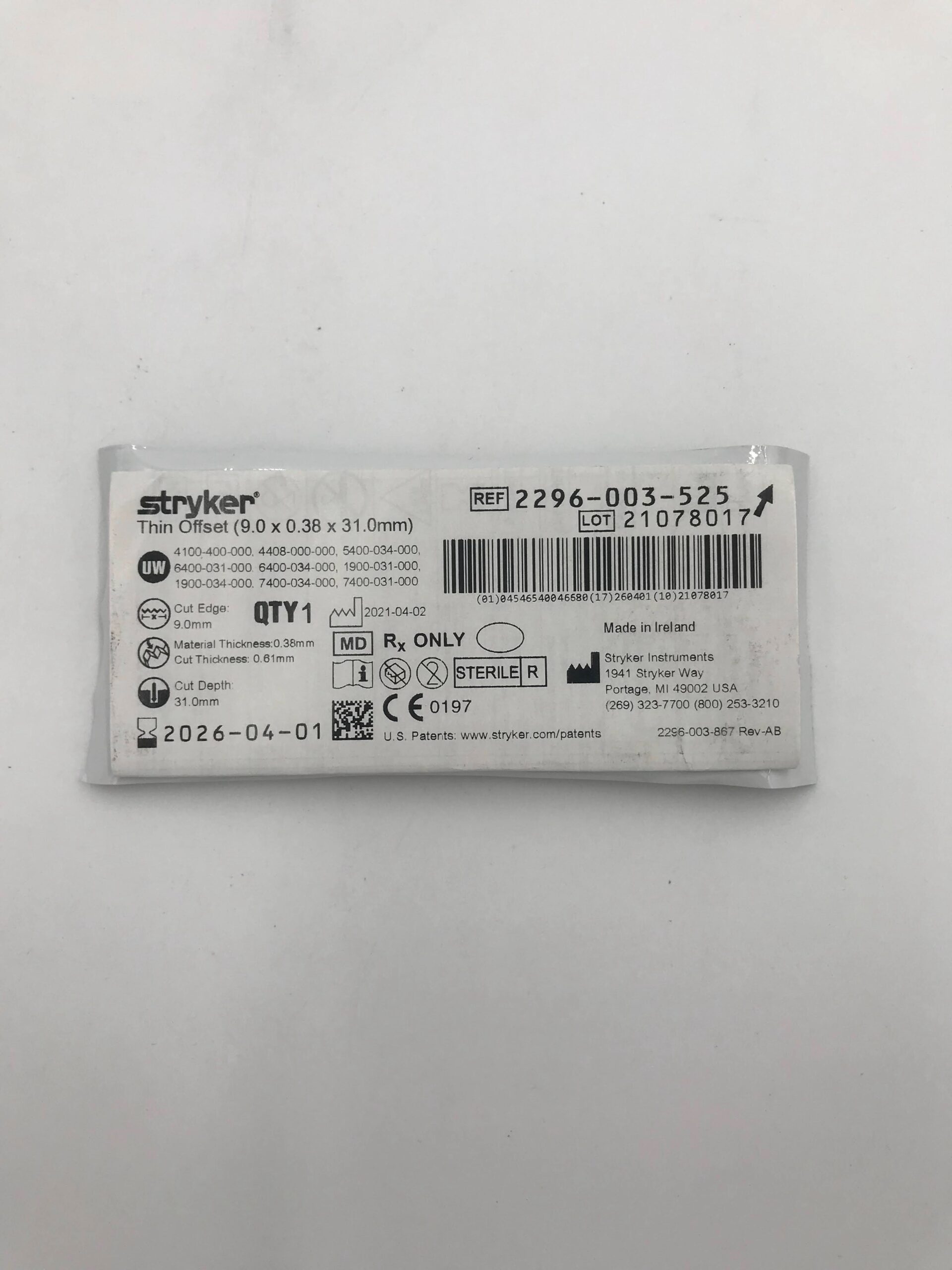STRYKER 2296-003-525 Micro Sagittal Blade Offset (9.0 x 0.38 x 31mm)(X)