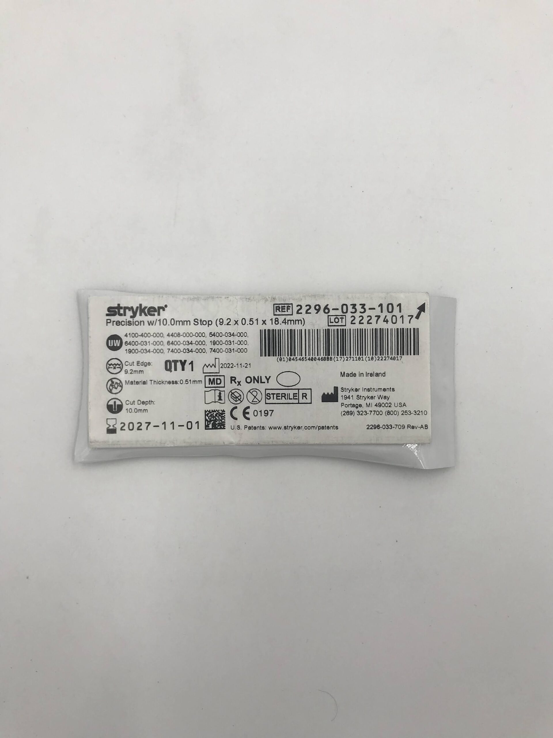 STRYKER 2296-033-101 Precision w/10.0mm Stop (9.2 x 0.51 x 18.4mm)