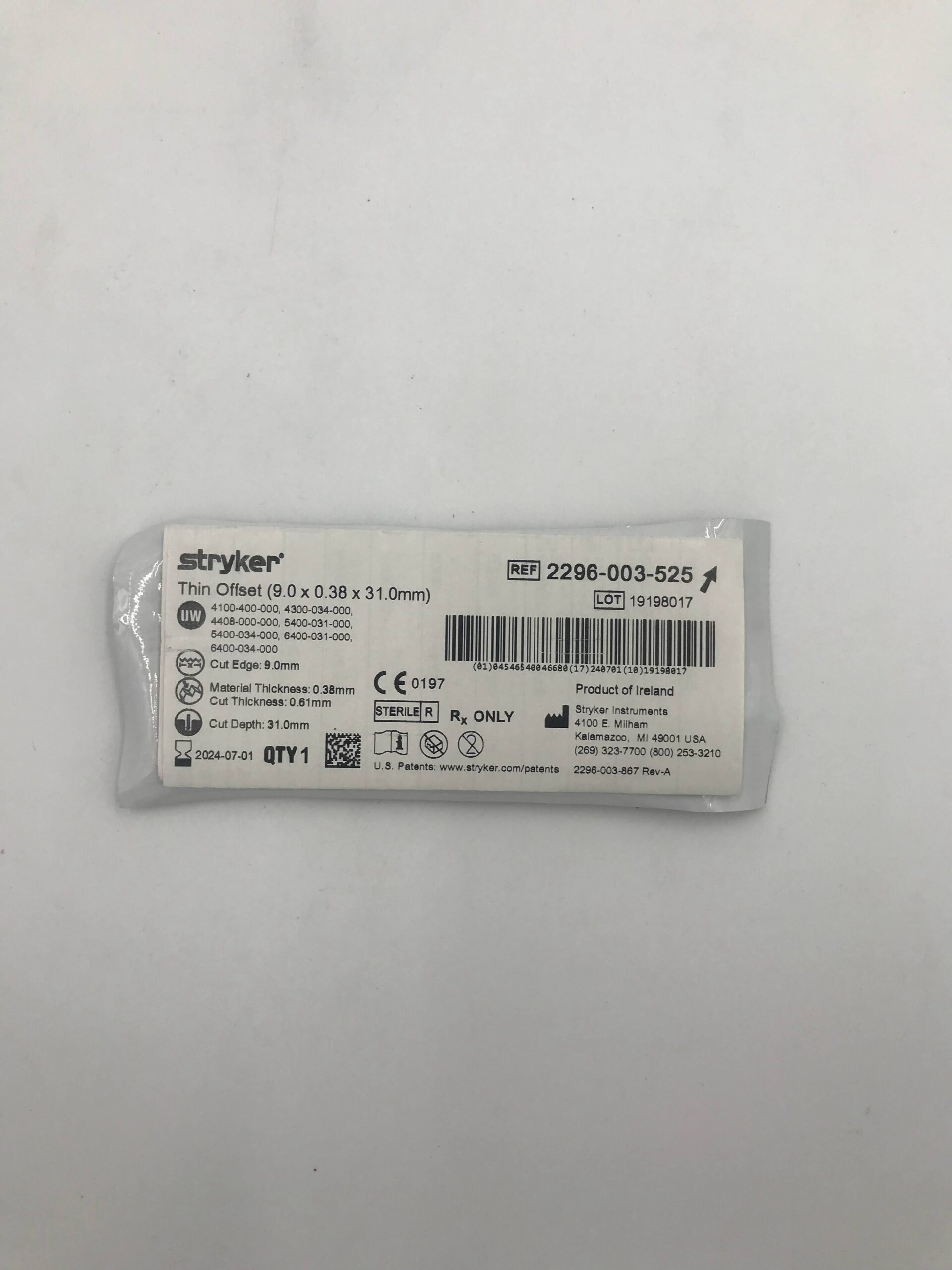 STRYKER 2296-003-525 Micro Sagittal Blade Offset (9.0 x 0.38 x 31mm)(X)