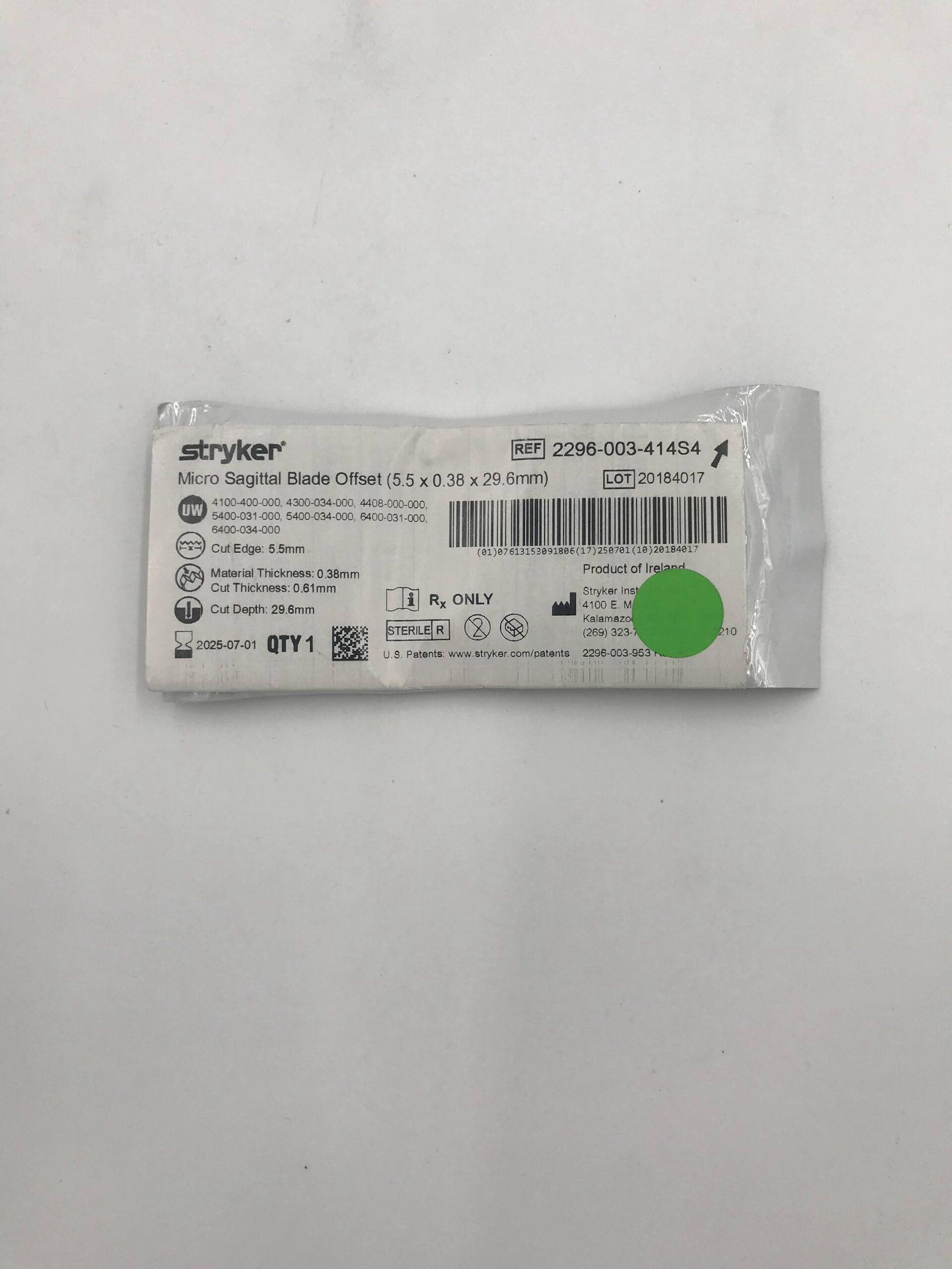 STRYKER 2296-003-414S4 Micro Sagittal Blade Offset (5.5 x 0.38 x 29.6mm)