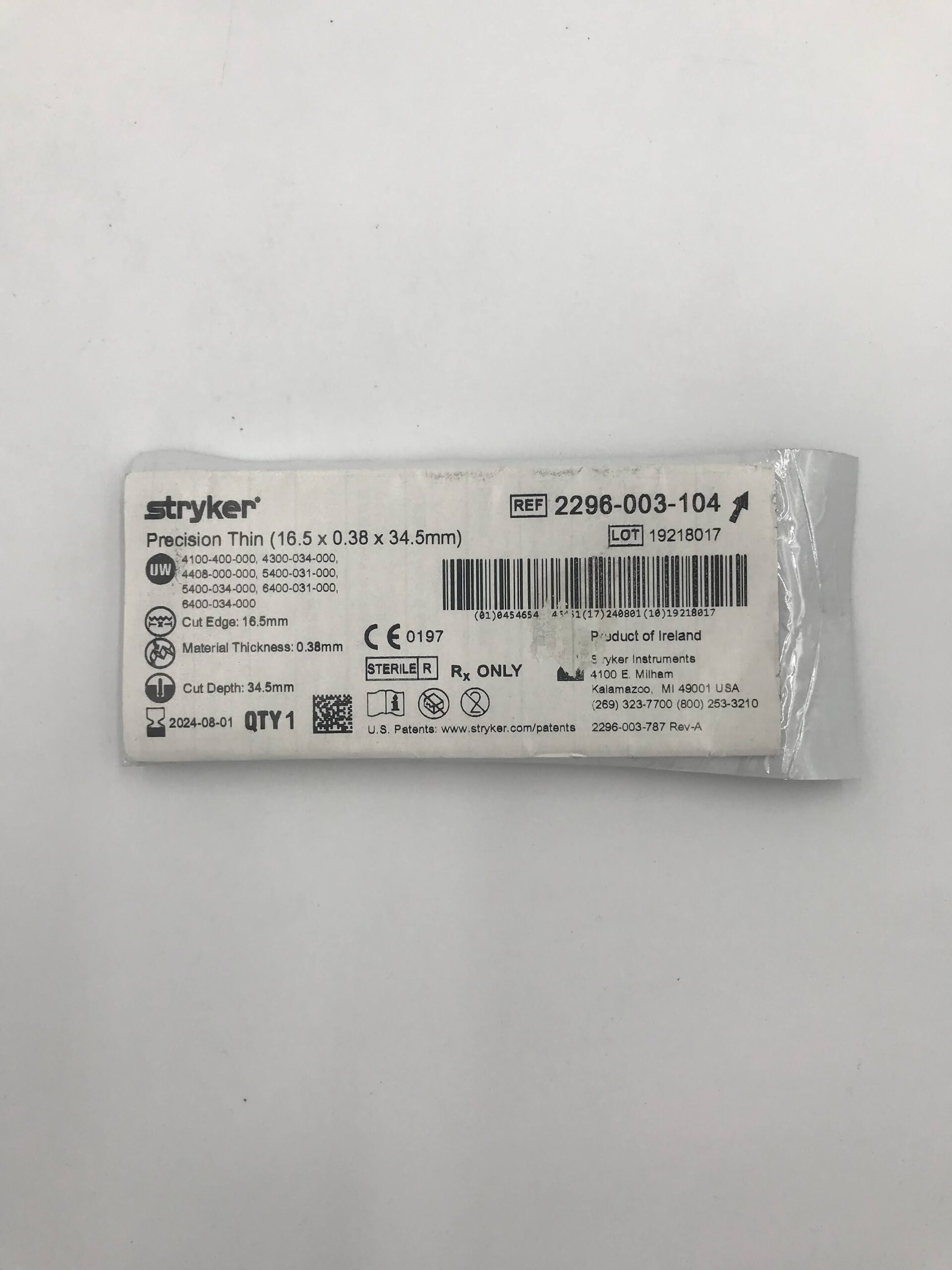 STRYKER 2296-003-104 Precision Thin (16.5 x 0.38 x 34.5mm) (X)