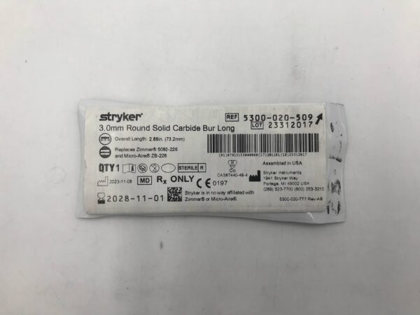 STRYKER 5300-020-509 3.0mm Round Solid Carbide Bur Long