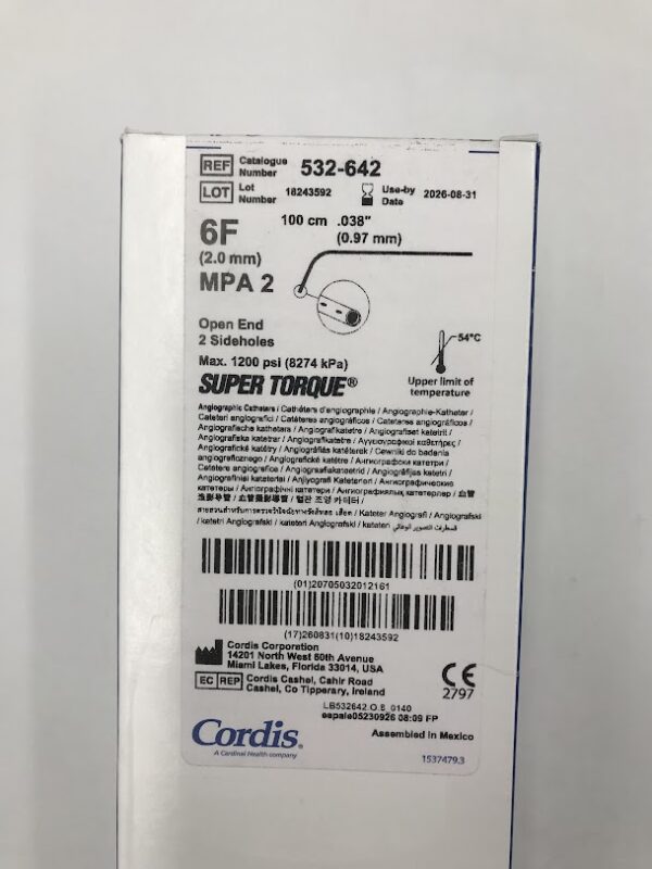 CORDIS 532-642 Super Torque Angiographic Catheter MPA 2 6F, 100cm, .038" (5/Box)