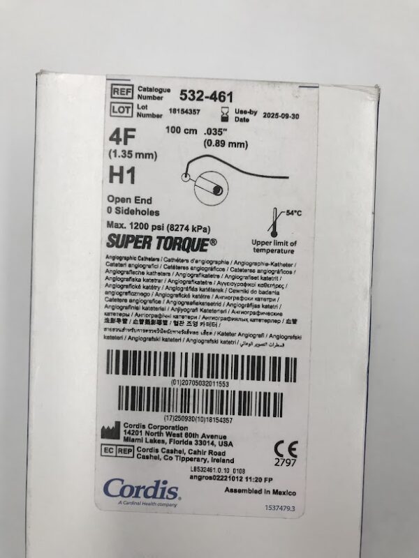 CORDIS 532-461 Super Torque H1 Angiographic Catheter, 100cm, .035" 4F (5/Box)