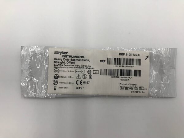 STRYKER 2108-120-6 Heavy Duty Sagittal Blade, Straight, Offset (0.64 x 63.0 x 18.5mm) (X)