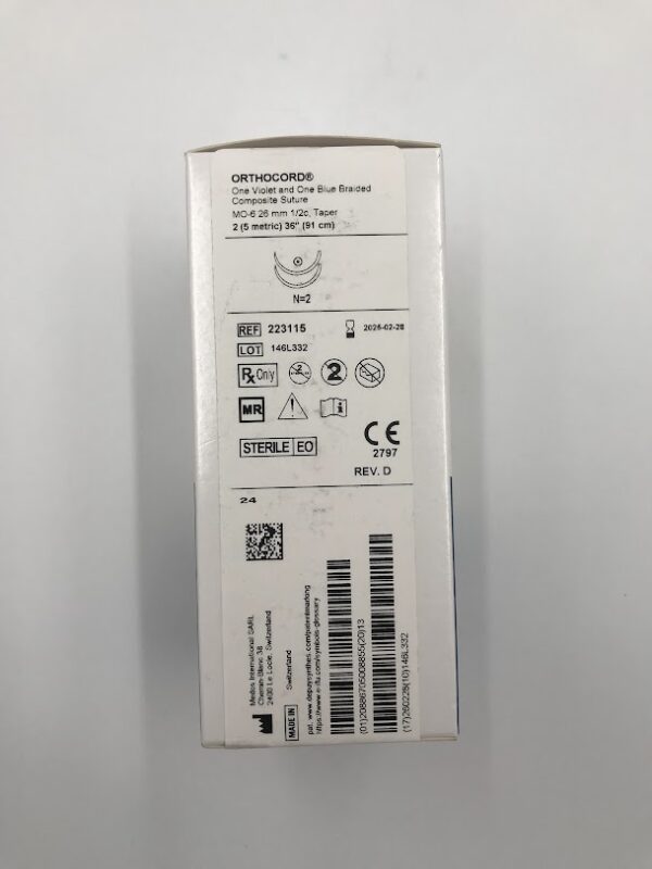 DEPUY 223115 Orthocord One Violet  and One Blue Braided Composite Suture MO-6, 26mm, 1/2c Taper 2 (5metric) 36" (12/Box)