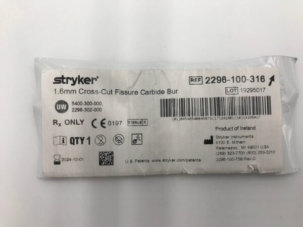 STRYKER 2296-100-316 1.6mm Cross-Cut Fissure Carbide Bur (X)