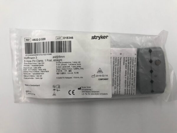STRYKER 4922-2-320 Hoffmann 3, 5 Hole Pin Clamp, 1 Post, straight, 4/5/6mm
