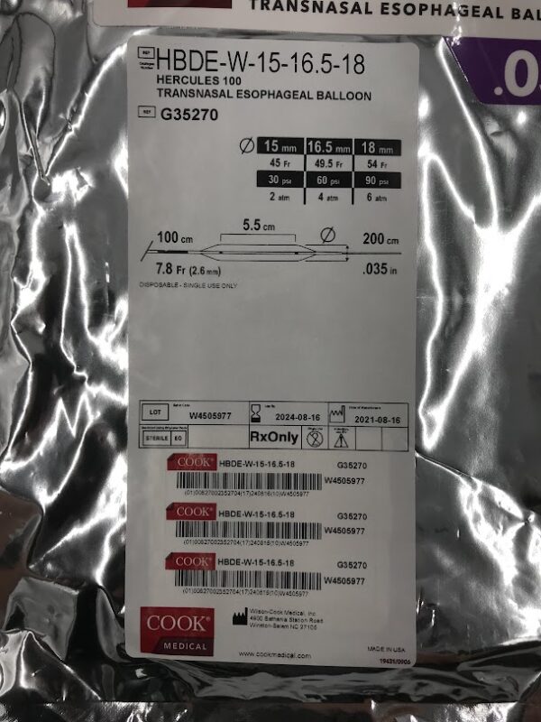 COOK G35270 Hercules 100 Transnasal Esophageal Balloon .035in x 100cm x 7.8Fr (X)