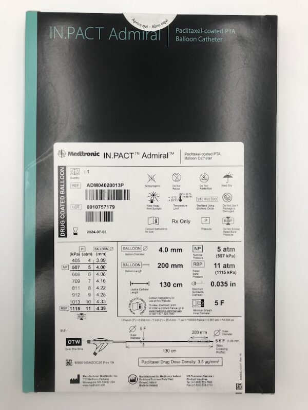 MEDTRONIC ADM04020013P IN.PACT Admiral Paclitaxel-Coated PTA Balloon Catheter 5F x 130cm(X)