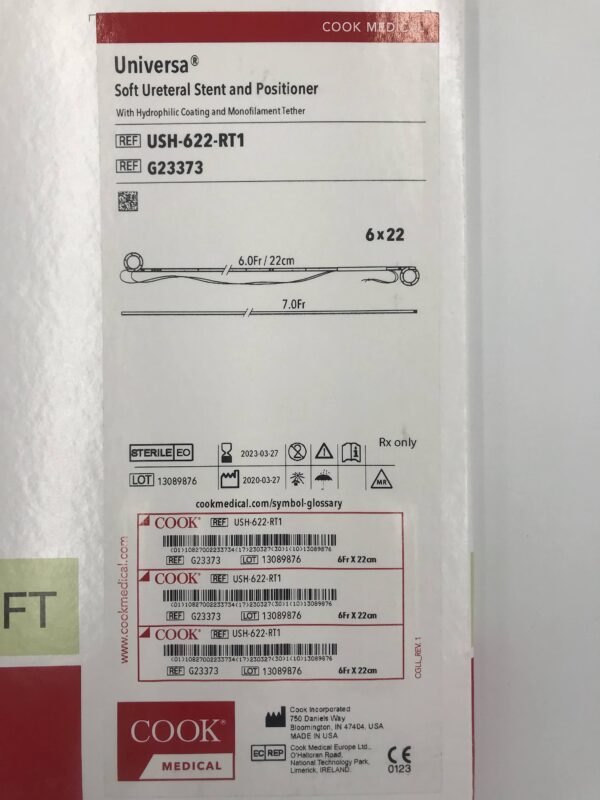 COOK G23373 Universa Soft Ureteral Stent and Positioner with Hydrophilic Coating and Monofilament Tether 6.0Fr/22cm (X)