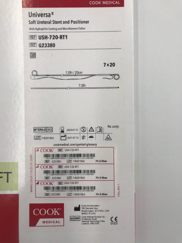 COOK G23380 Universa Soft Ureteral Stent and Positioner with Hydrophilic Coating and Monofilament Tether 7.0Fr/20cm (X)