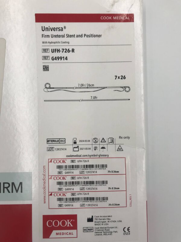 COOK G49914 Universa Firm Ureteral Stent and Positioner with Hydrophilic Coating 7.0Fr/26cm (X)