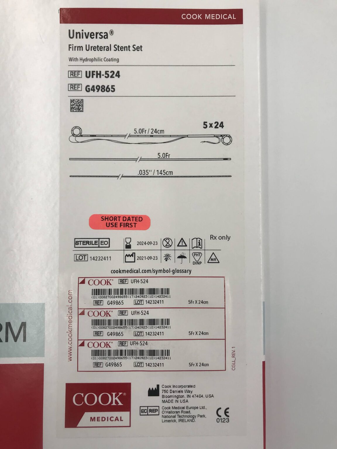 ユニ　ur COOK G49865 Universa Firm Ureteral Stent Set with Hydrophilic