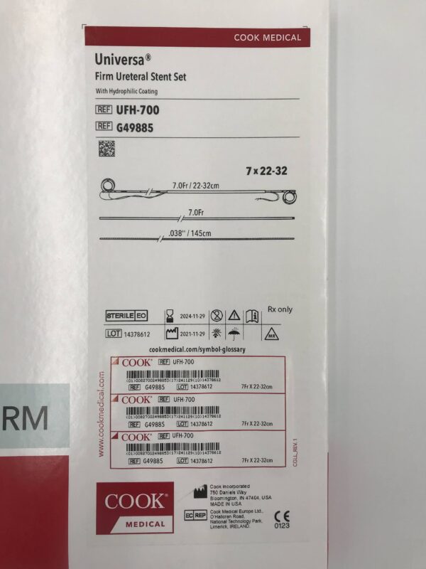 COOK G49885 Universa Firm Ureteral Stent Set with Hydrophilic Coating 7.0Fr/22.32cm (X)