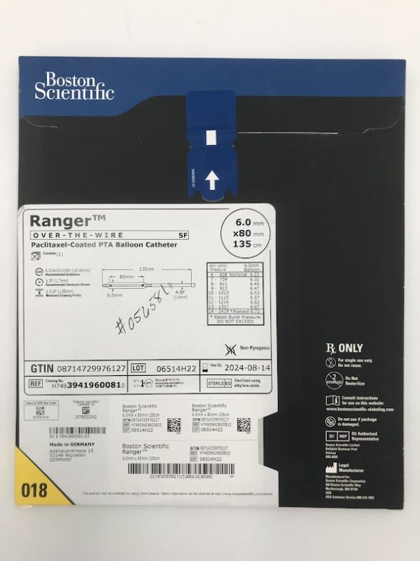 BOSTON SCIENTIFIC 3941960081 Ranger Over-the-Wire Paclitaxel-Coated PTA Balloon Catheter 5F 6.0mm x 80mm (X)