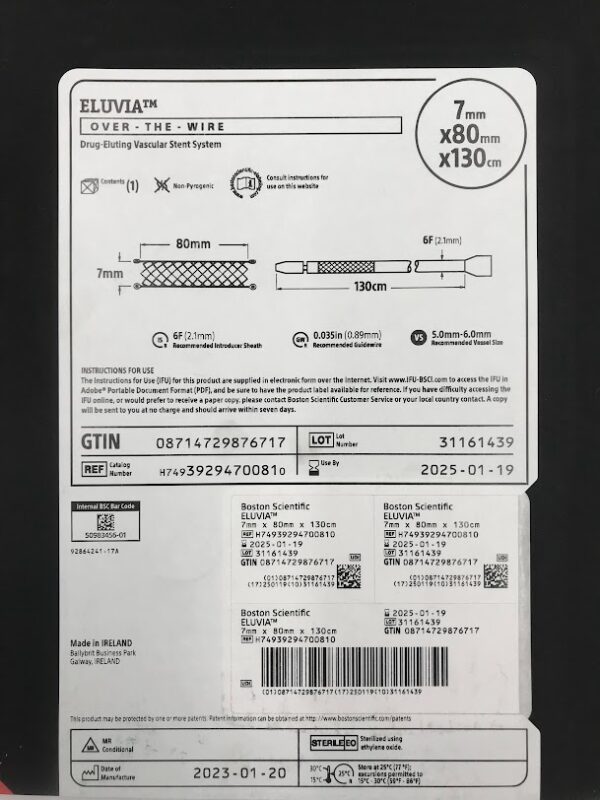 BOSTON SCIENTIFIC 3929470081 Eluvia Over-the-Wire Drug-Eluting Vascular Stent System 7mm x 80mm 6F (X)