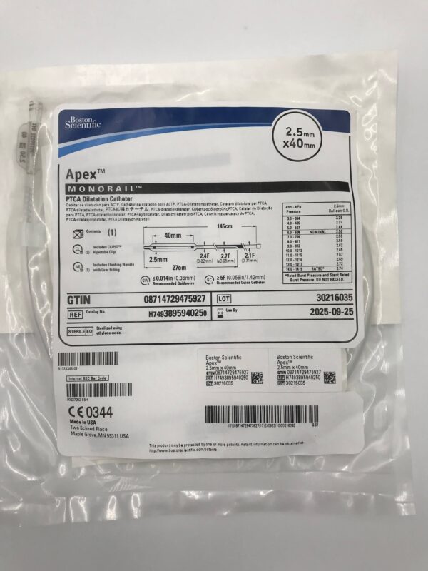 BOSTON SCIENTIFIC 389594025 Apex Monorail PTCA Dilation Catheter 2.5mm x 40mm