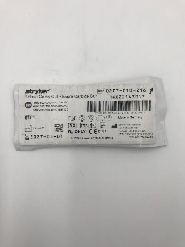 STRYKER 0277-010-216 1.6mm Cross-Cut Fissure Carbide Bur