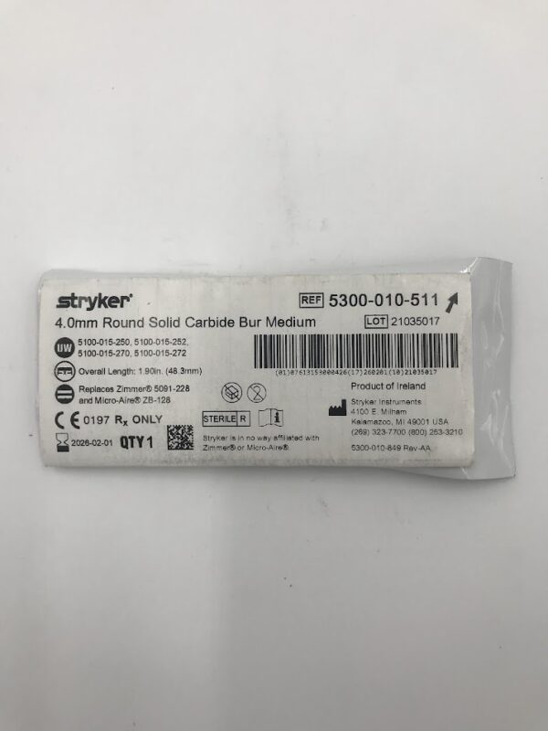STRYKER 5300-010-511 4.0mm Round Solid Carbide Bur Medium