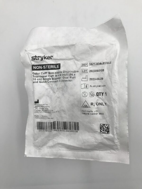 STRYKER 5921-034-235NS Color Cuff Non-Sterile Disposable Tourniquet Cuff Single Port, Dual Bladder 34in x 4in