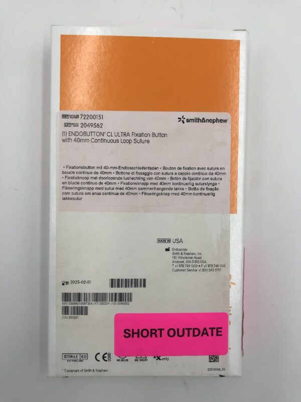 SMITH & NEPHEW 72200151 EndoButton CL Ultra Fixation Button w/ 40mm Continuous Loop Suture (X)