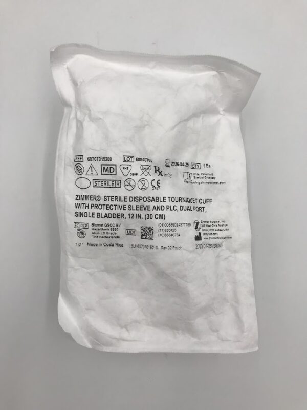 ZIMMER 60707015200 Sterile Disposable Tourniquet Cuff w/ Protective Sleeve and PLC, Dual Port, Single Bladder 12in
