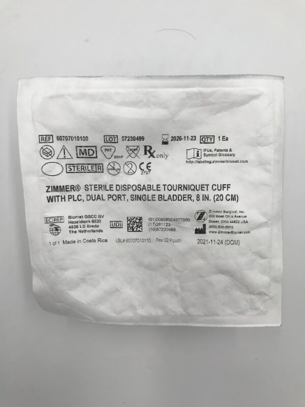 ZIMMER 60707010100 Sterile Disposable Tourniquet Cuff w/ PLC, Dual Port, Single Bladder 8in
