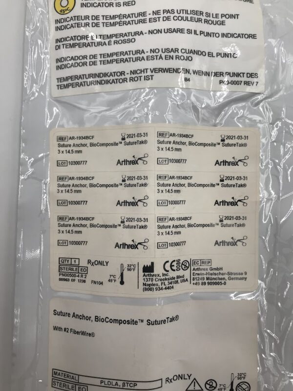 ARTHREX AR-1934BCF Suture Anchor, Biocomposite Suturetak w/ #2 Fiberwire (X)
