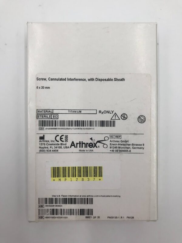 ARTHREX AR-1360E Screw, Cannulated Interference, w/ Disposable Sheath 6 x 20mm (X)