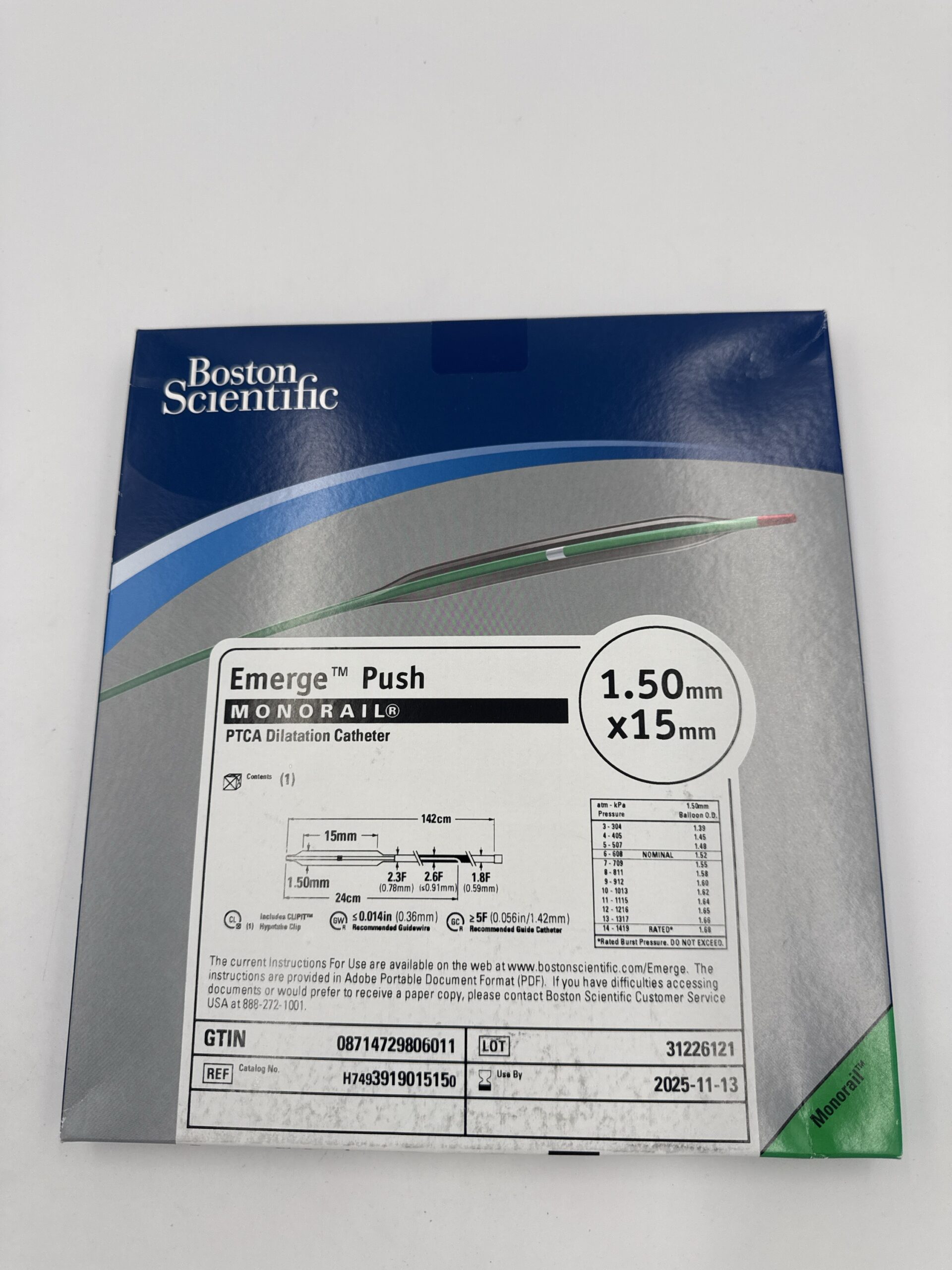 BOSTON SCIENTIFIC 391901515 Emerge Push Monorail PTCA Dilatation Catheter 1.50mm x 15mm (X)