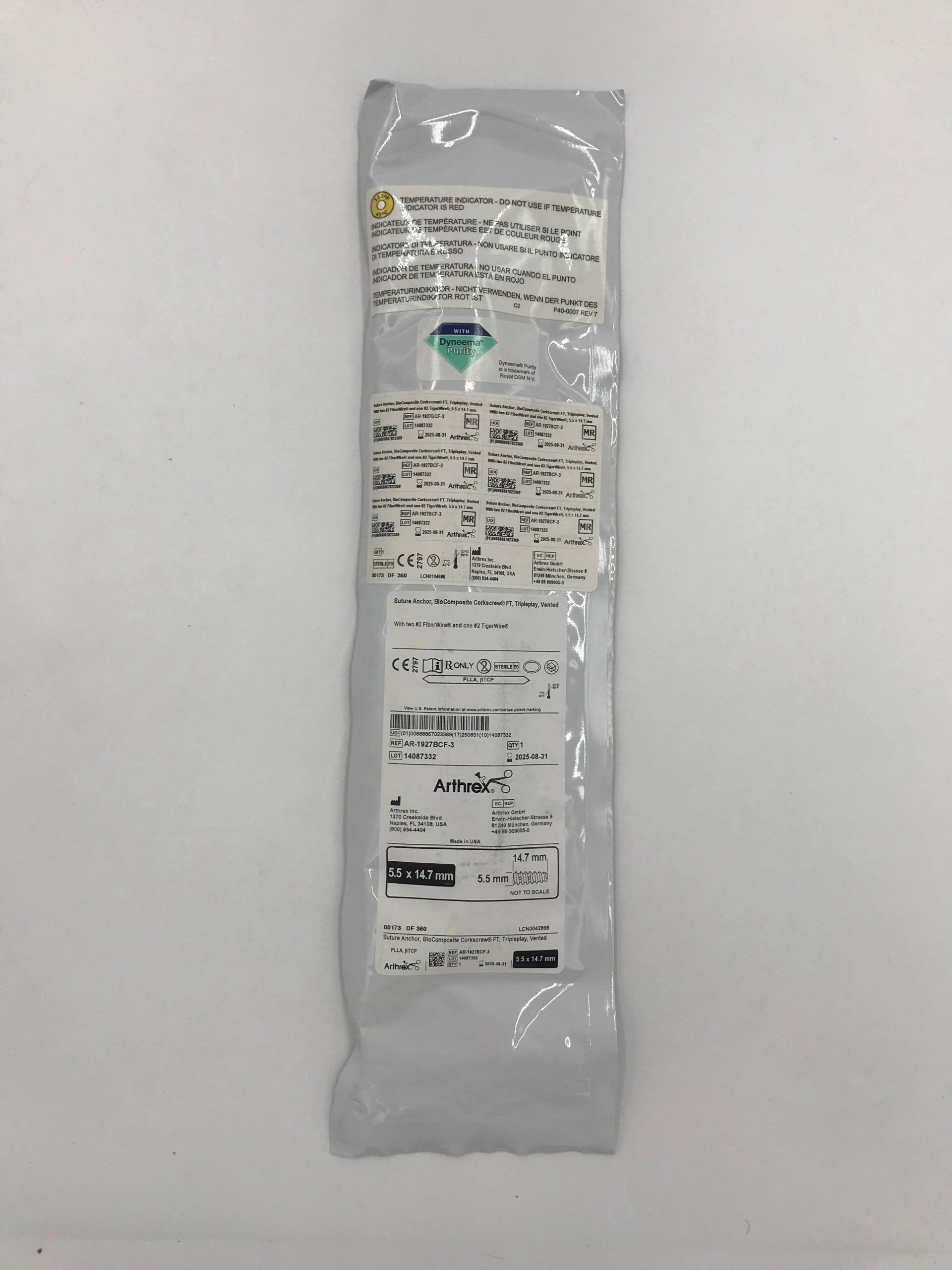 ARTHREX AR-1927BCF-3 Suture Anchor, BioComposite CorkScrew FT, TriplePlay, Vented w/ Two #2 Fiberwire and one #2 TigerWire 5.5 x 14.7mm (X)