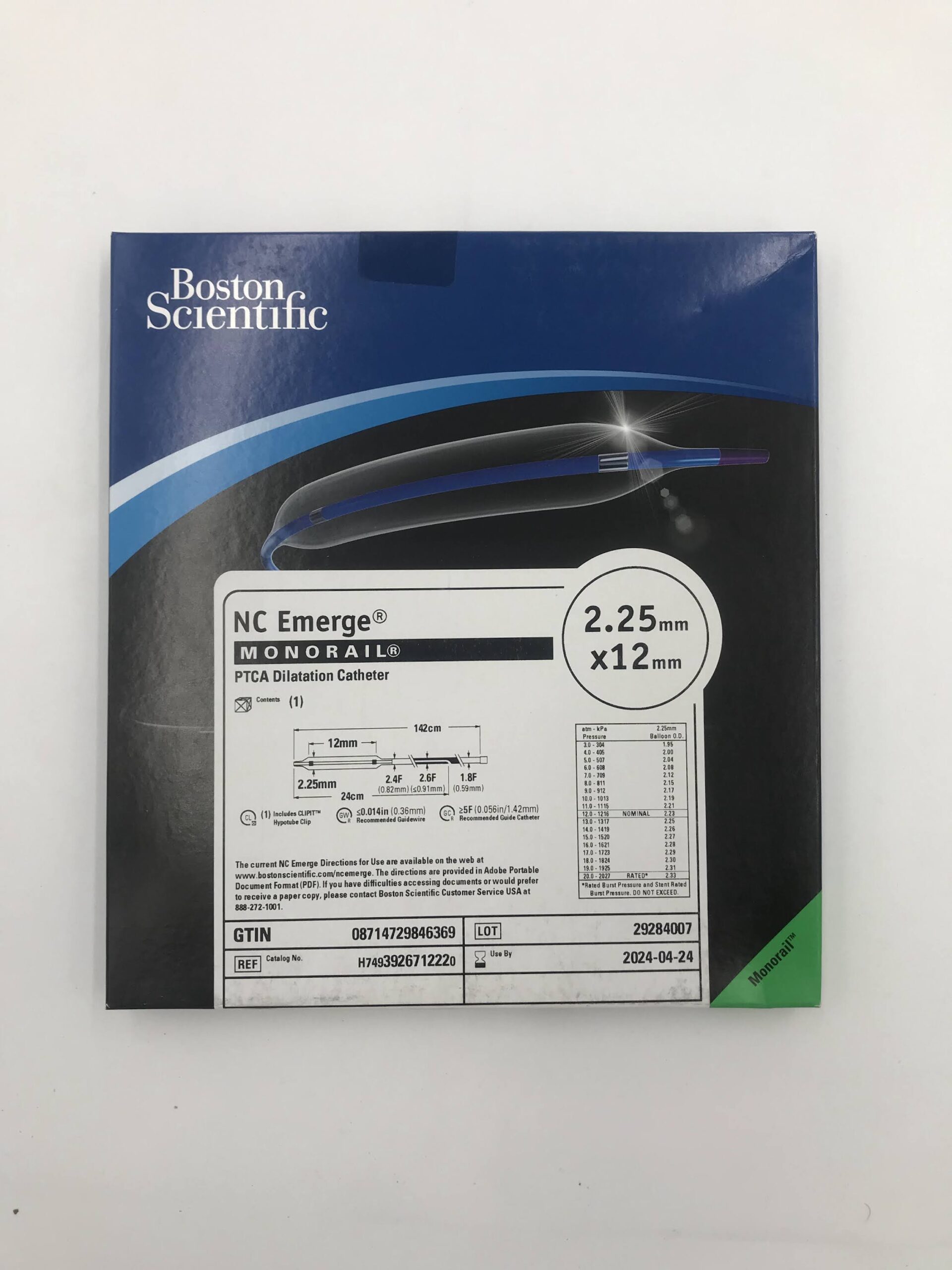 BOSTON SCIENTIFIC 392671222 NC Emerge Monorail PTCA Dilatation Catheter 2.25mm x 12mm (X)